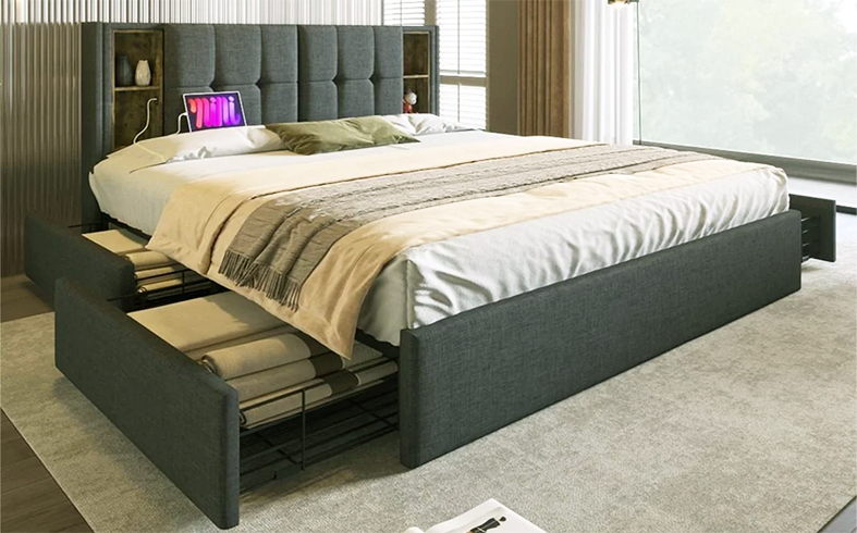 Cama de Casal com Gavetas Estofada Carregamento Sem